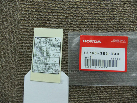 HONDA CIVIC EG6 EG9 LABEL, TIRE PRESSURE 42760-SR3-N43 genuine Japan spare parts
