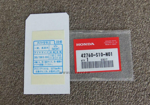 HONDA CR-V RD1 PLATE, TIRE PRESSURE CAUTION 42760-S10-N01